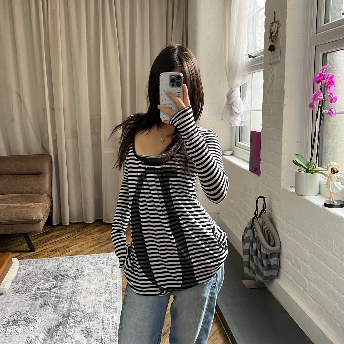 denny rose balletcore white black striped lace trim d graphic dress shirt