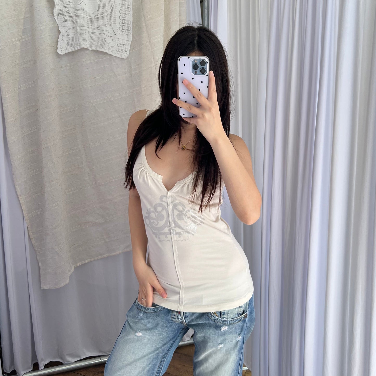 Fornarina White Silver Ornate Graphic Ribbed Vest Top