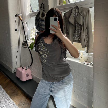 piezak 深灰色丝绸文字图案束腰上衣