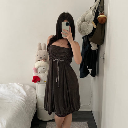 mais il est ou le soleil mori kei brown boho ruched vintage print mini dress