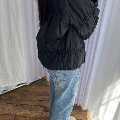 Balletcore Black Chamois Ruched Rabbit Fur Trim Puffer Jacket