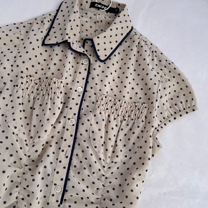 DKNY Ivory Cream Navy Polka Dot Ruched French Cap Sleeve Blouse