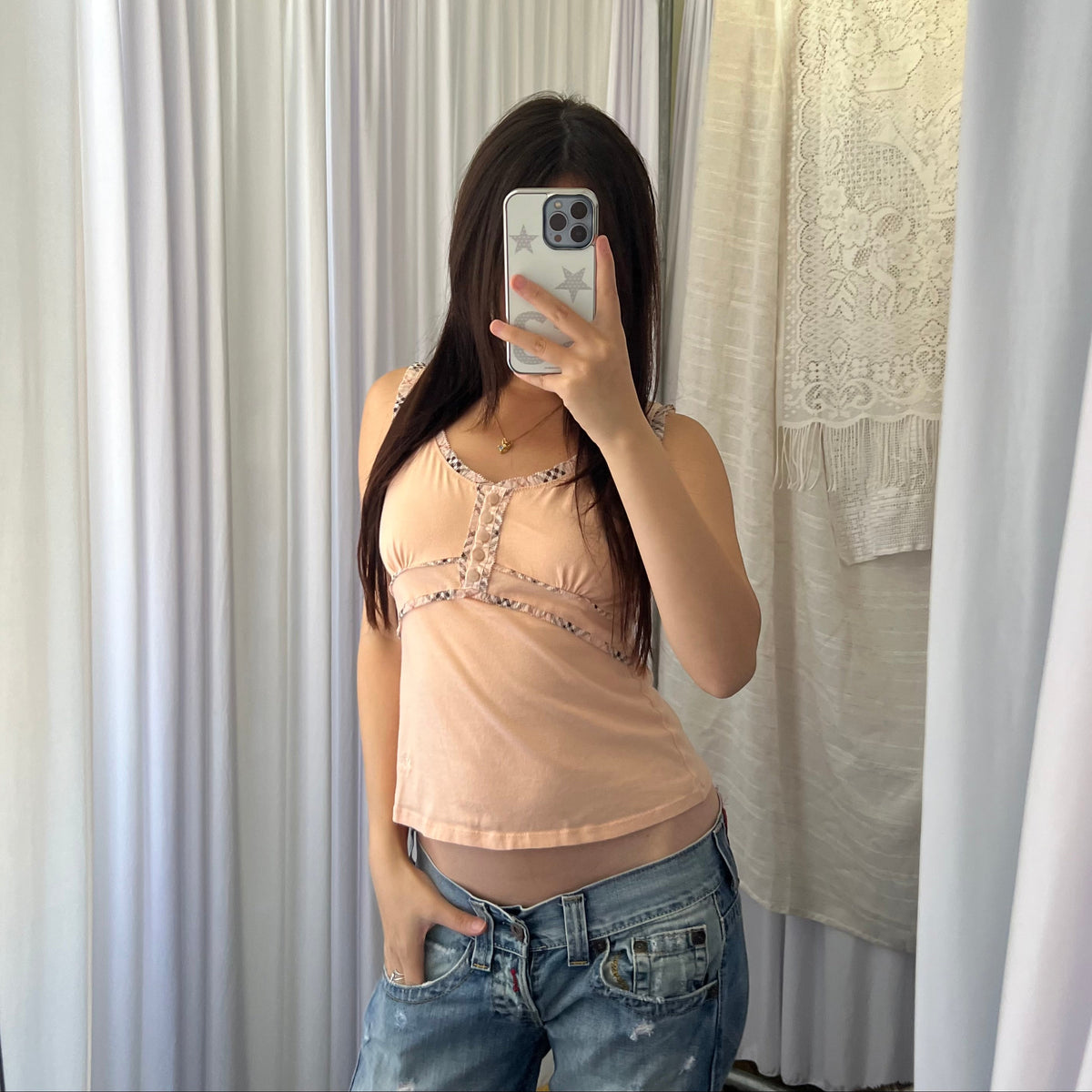 Burberry Peach Nova Check Trim Milkmaid Vest Top