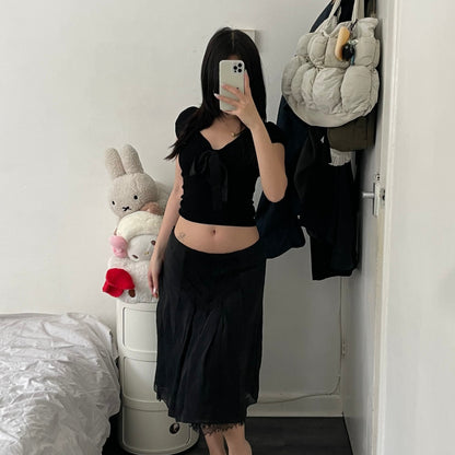 romantic eurosummer anna sui black silk lacey flared midi skirt