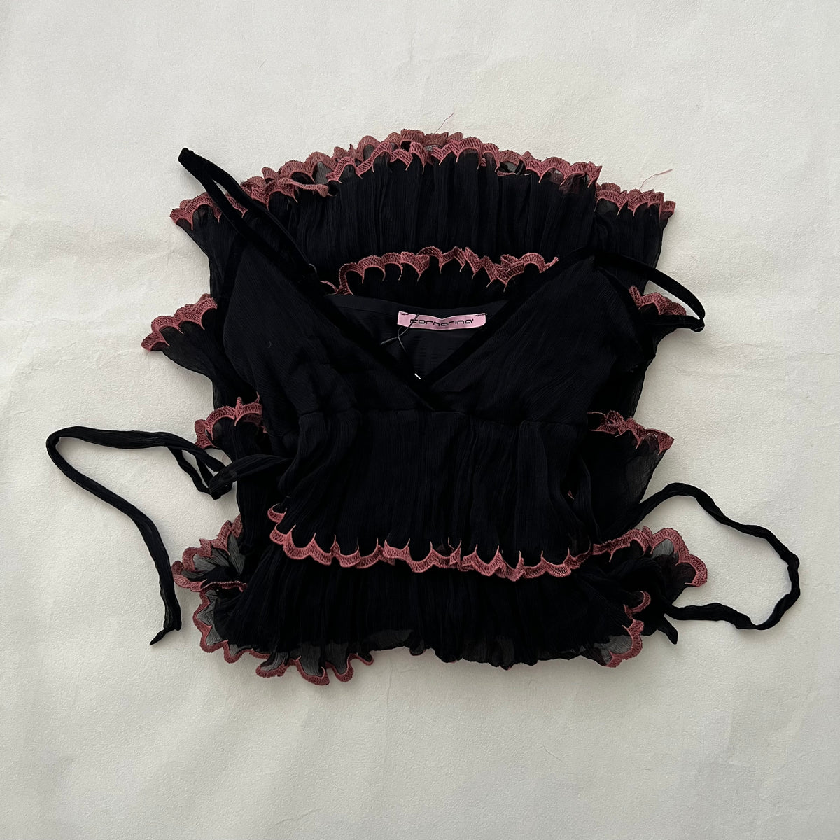 Black Silk Mauve Pink Trim Ruffle Tiered Mini Dress