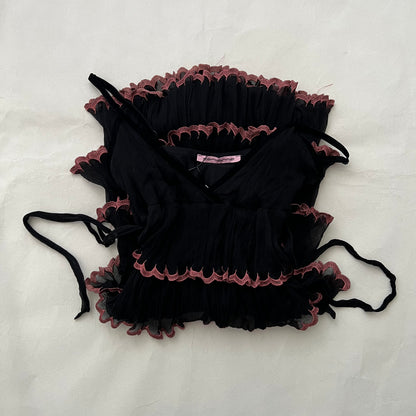 Black Silk Mauve Pink Trim Ruffle Tiered Mini Dress