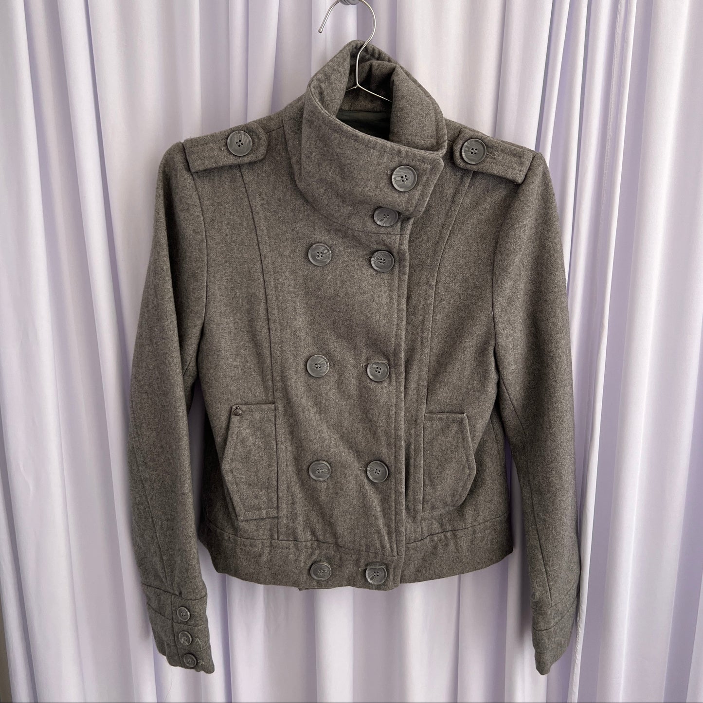 Vintage Bizzbee Grey Funnel Collar High Neck Double Breasted Bombed Pea Coat