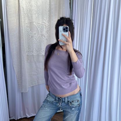 Lilac Dkny Silk Blend 3/4 Sleeve Crop Fine Knit Top