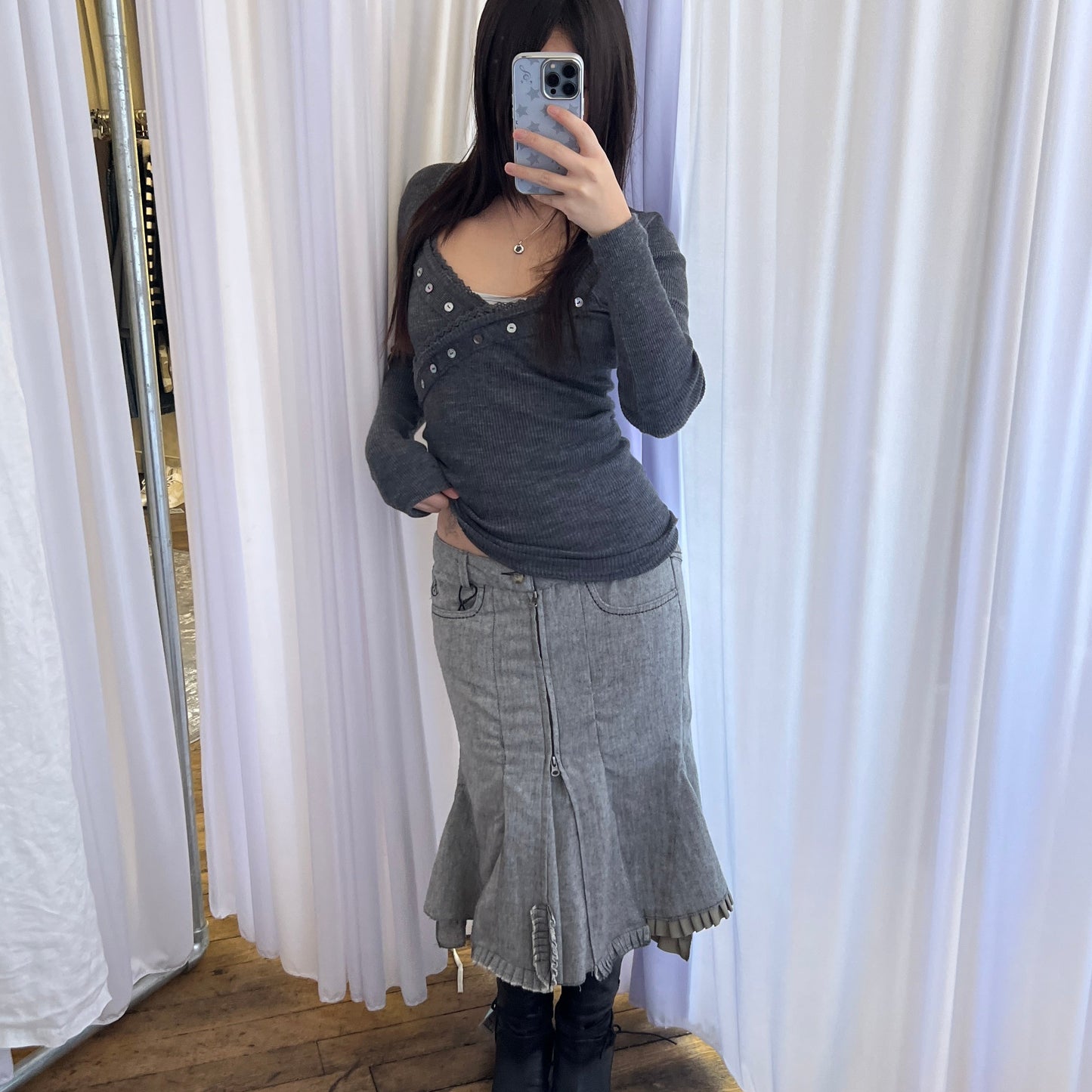 Grey Ddp Vintage Khaki Ruffle Flared Mermaid Hem Midi Skirt