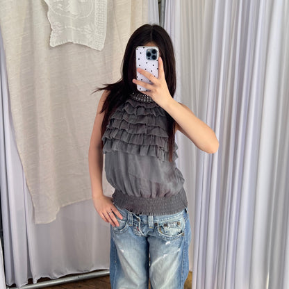 Dark Green Grey Ruffle Beaded Collar Halterneck Open Back Sleeveless Tunic Blouse