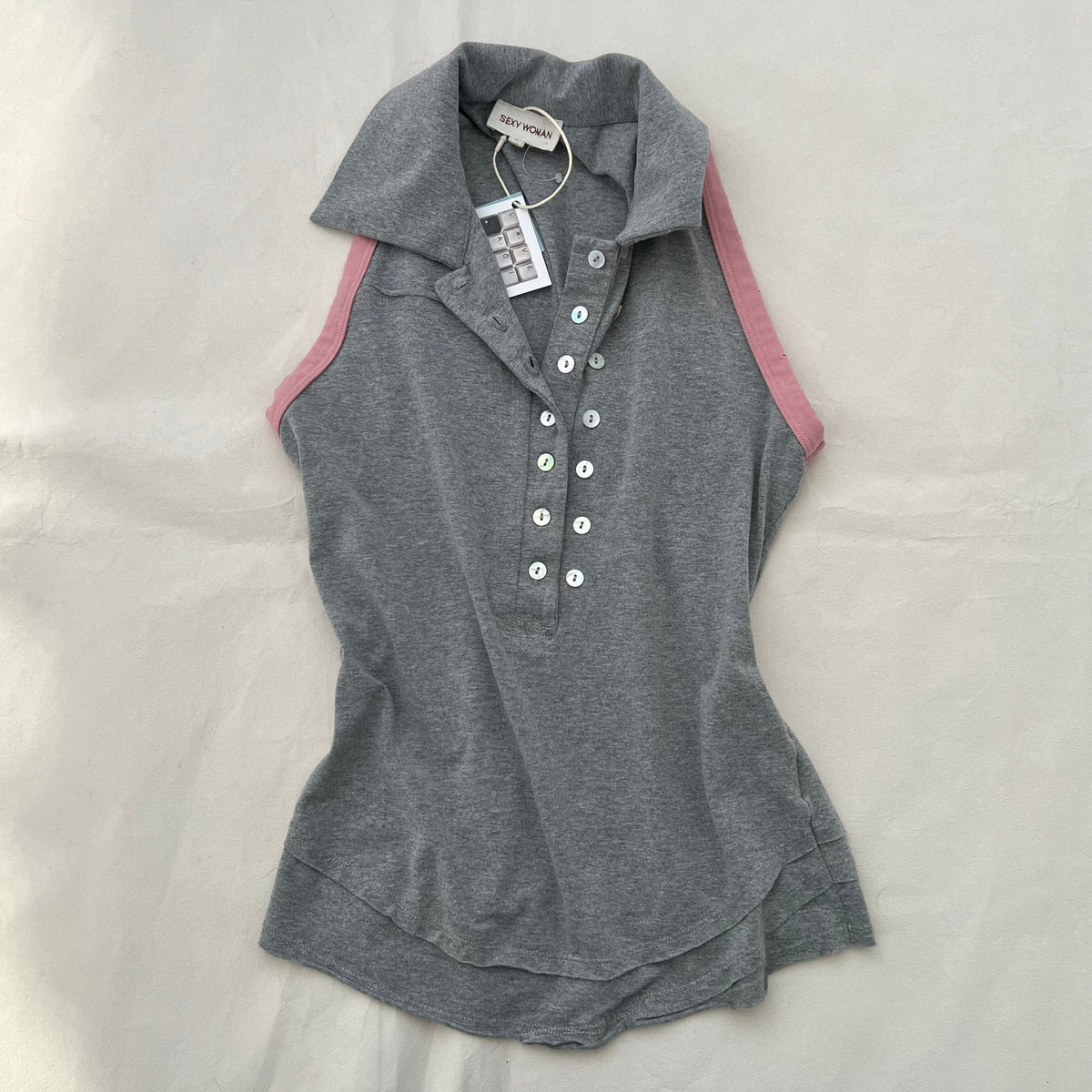 Sexy Woman Grey Pink Contrast Arm Collared Polo Vest Top