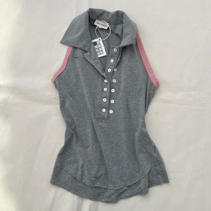 Sexy Woman Grey Pink Contrast Arm Collared Polo Vest Top
