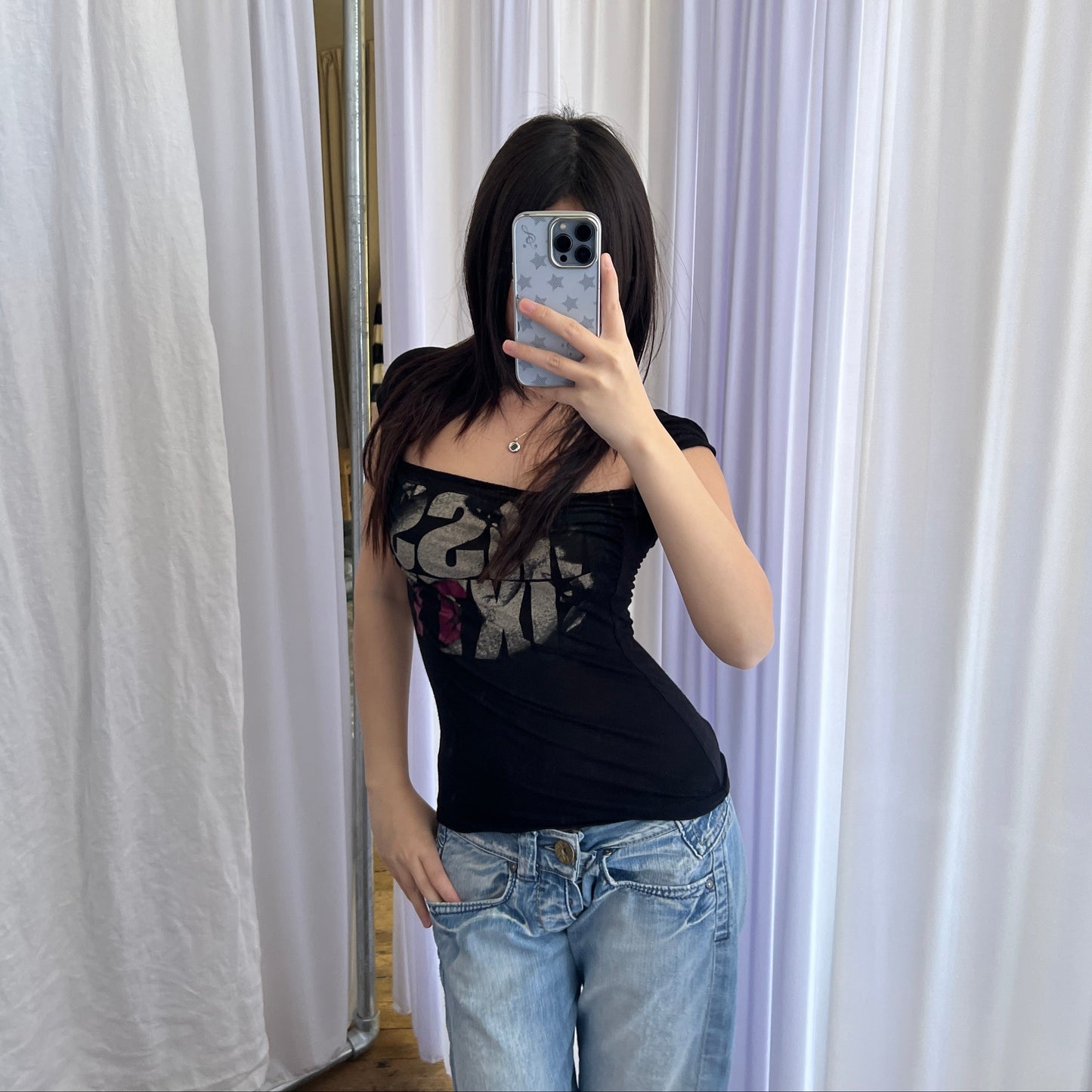 Black Miss Sixty Cap Sleeve Draped Pink Grunge Graphic Shirt