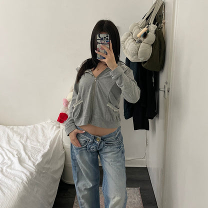 coquette grey asymmetric axes femmes white lace zip hoodie jacket