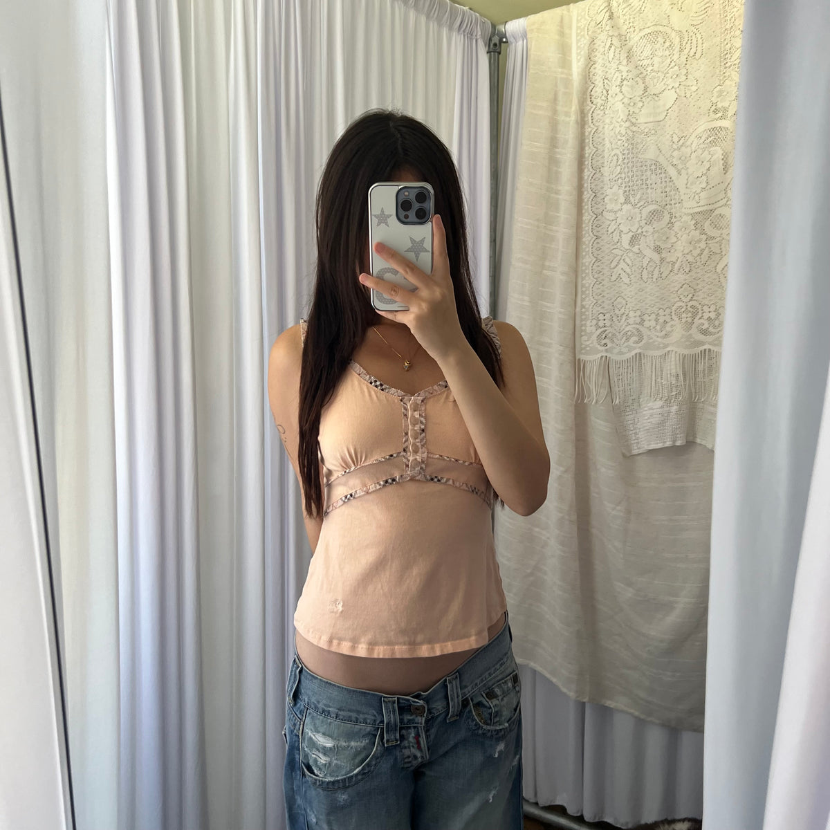 Burberry Peach Nova Check Trim Milkmaid Vest Top