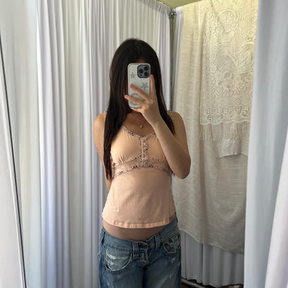 Burberry Peach Nova Check Trim Milkmaid Vest Top