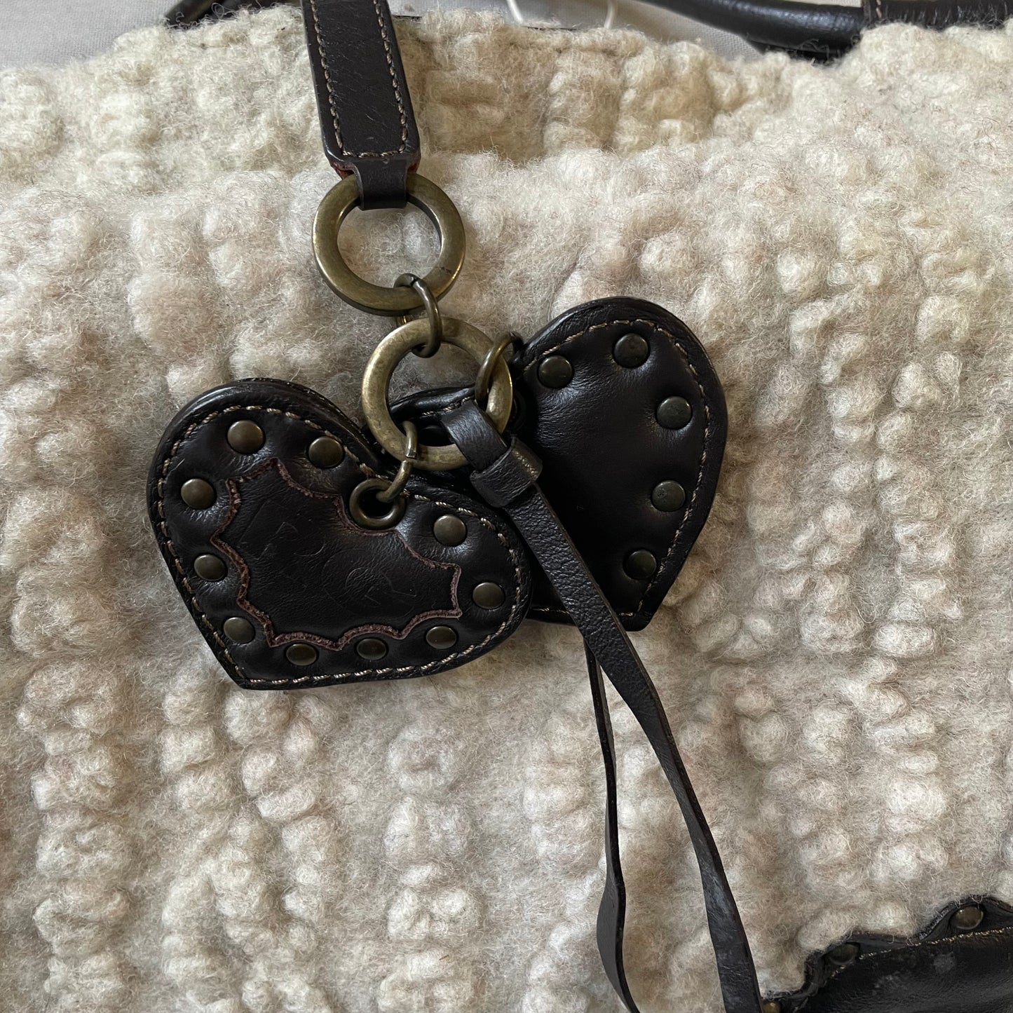 coquette boho roberto gandolfi cream mouton wool dark brown leather puff heart charm shoulder bag