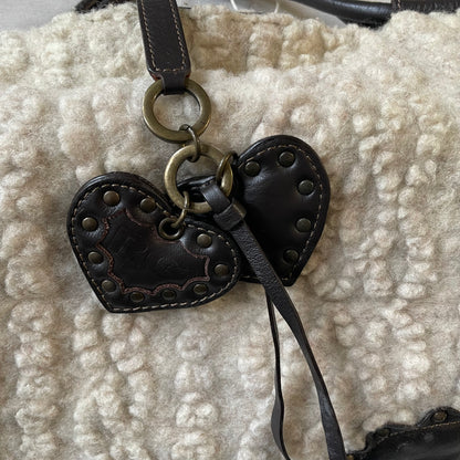 coquette boho roberto gandolfi cream mouton wool dark brown leather puff heart charm shoulder bag
