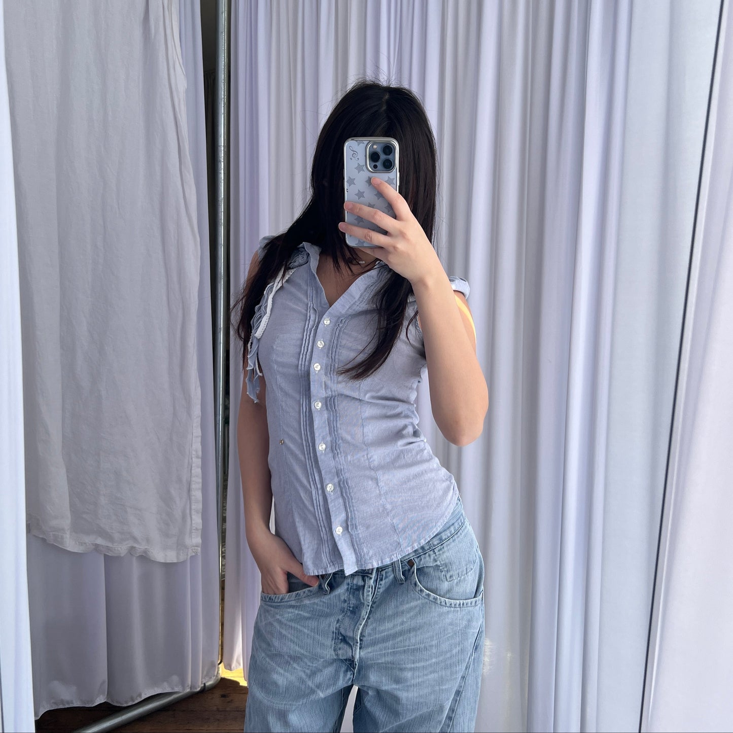 Kocca Preppy Blue French Cap Sleeve Rosette Fringe Fitted Blouse Shirt