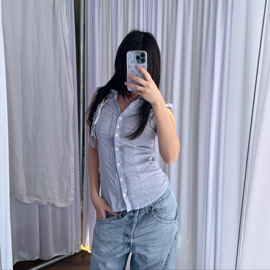 Kocca Preppy Blue French Cap Sleeve Rosette Fringe Fitted Blouse Shirt