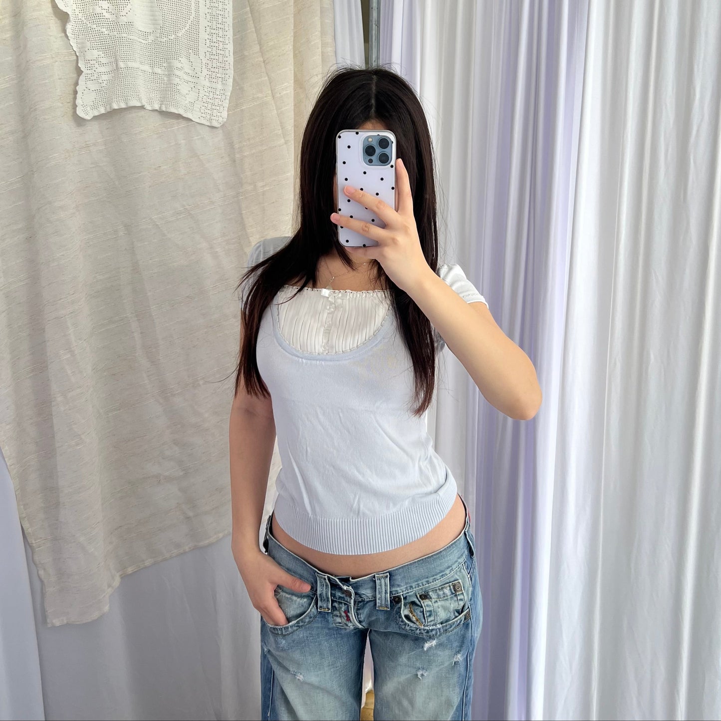 Coquette Balletcore Rew De Rew Baby Blue Short Sleeve Milkmaid Style Two In One Layered Top