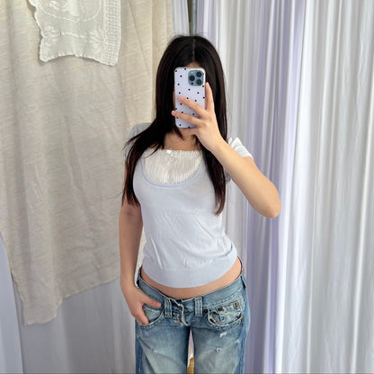 Coquette Balletcore Rew De Rew Baby Blue Short Sleeve Milkmaid Style Two In One Layered Top