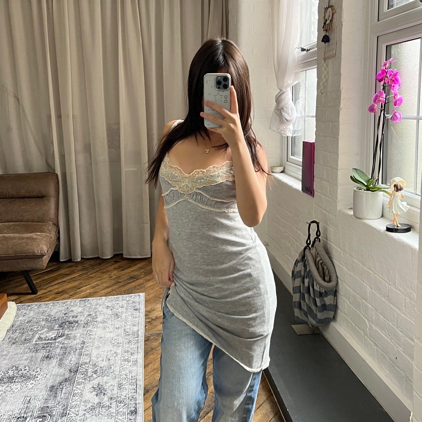 romantic grey elisa caveletti beige lacey ruched pastel button midi dress