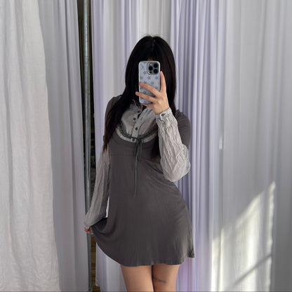 Grey Khaki Jennyfer Milkmaid Striped Lacey Collared Long Sleeve Blouse Two in One Dress