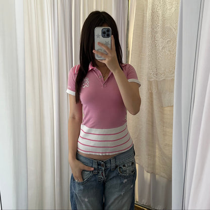 Voodoo Candy Pink Striped 1/4 Button Sporty Polo Shirt