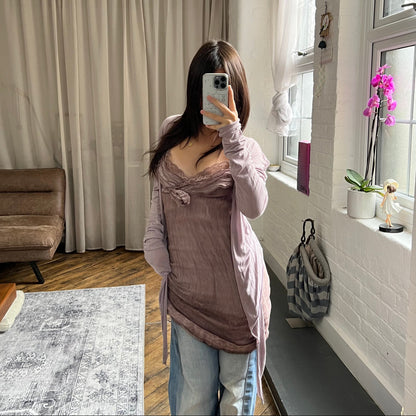 eurosummer kaos silk blend dusty purple pink lacey rosette lined mini dress