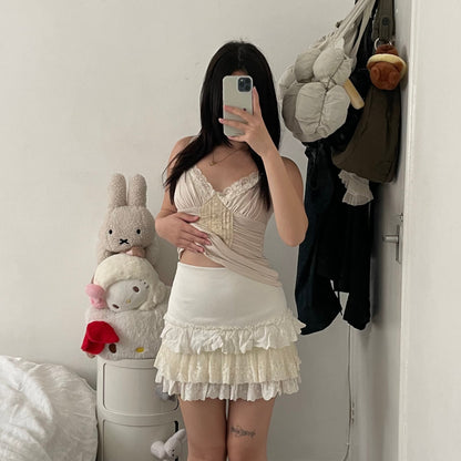 neilly white cottage prairie cream lacey tiered ruffle mini skirt