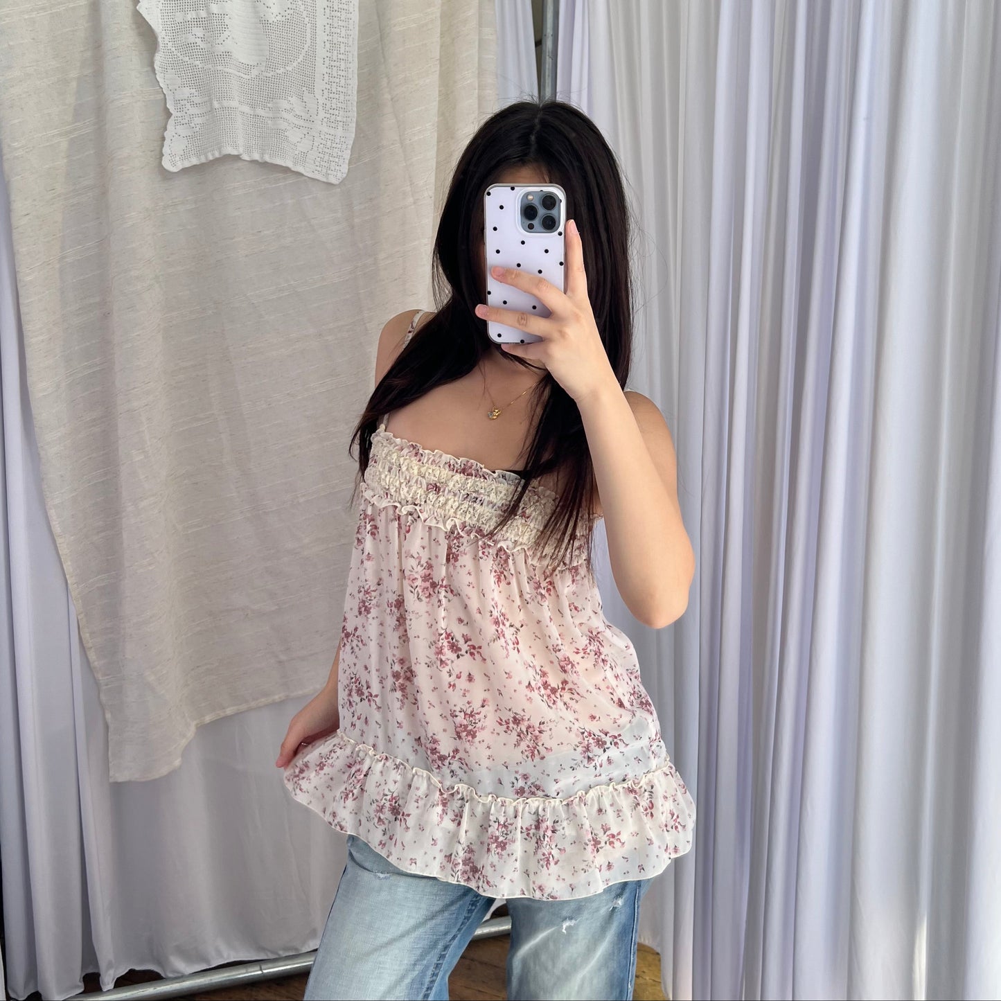 L'est Rose Floral Sheer Ruched Bust Babydoll Tunic Camisole Top