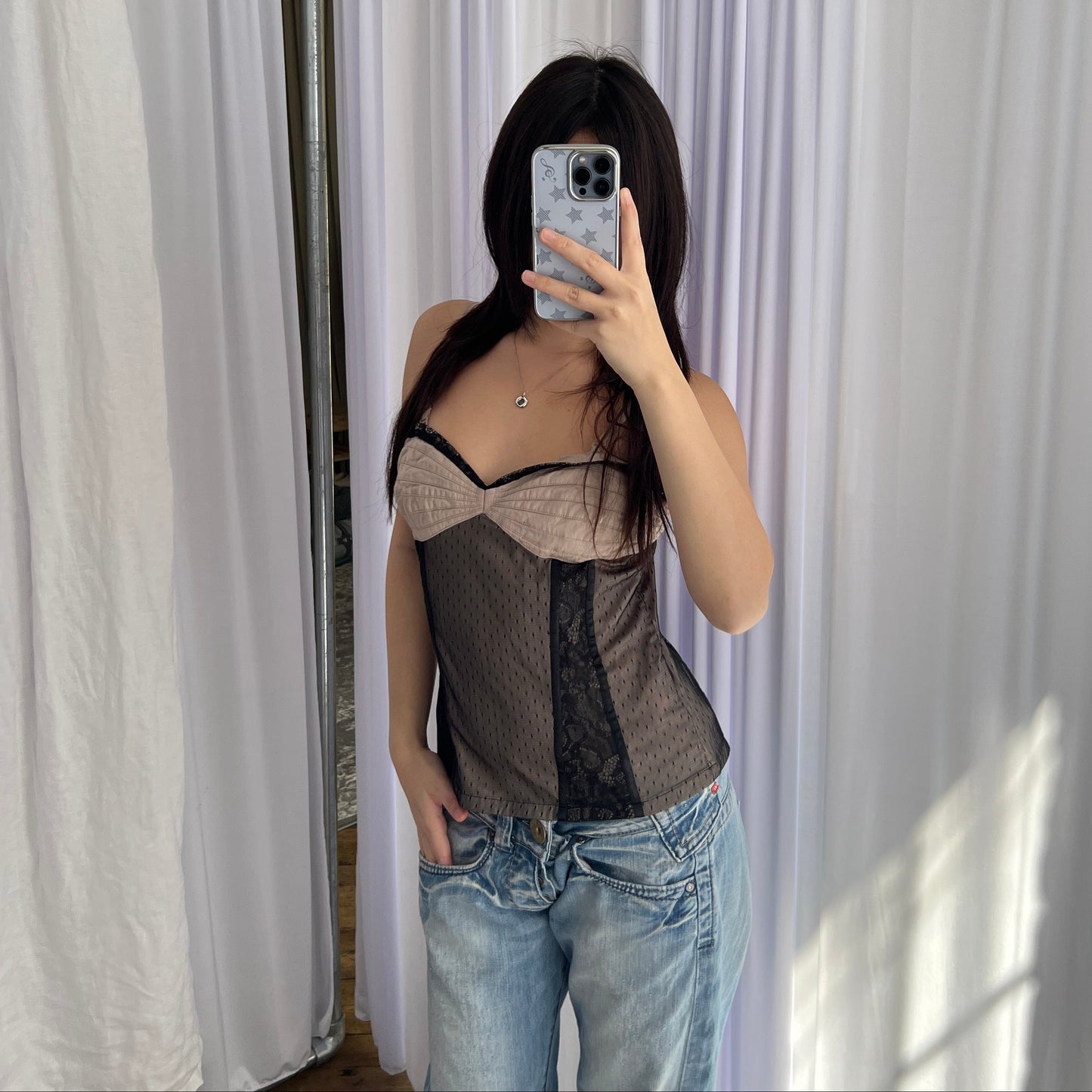 Romantic Promod Beige Black Polka Dot Layered Bustier Camisole