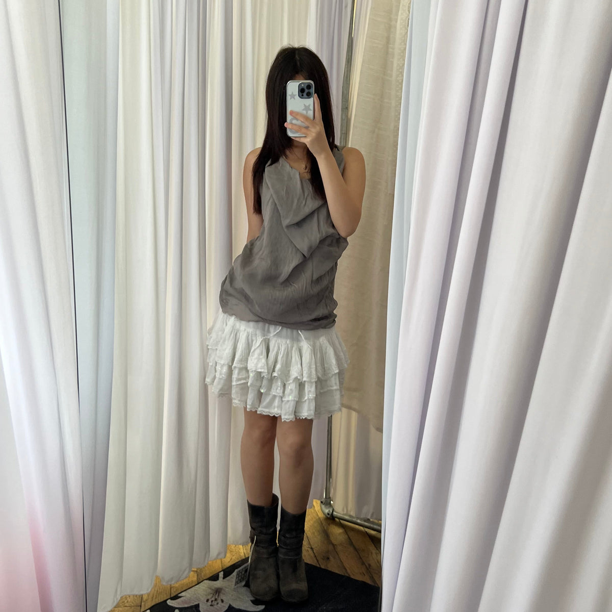 Twin Set Romantic Drop Waist White Cotton Ruffle Mini Skirt