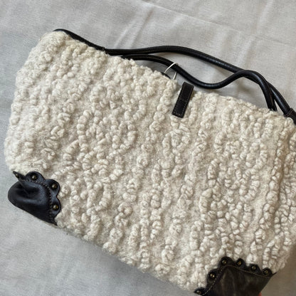 coquette boho roberto gandolfi cream mouton wool dark brown leather puff heart charm shoulder bag