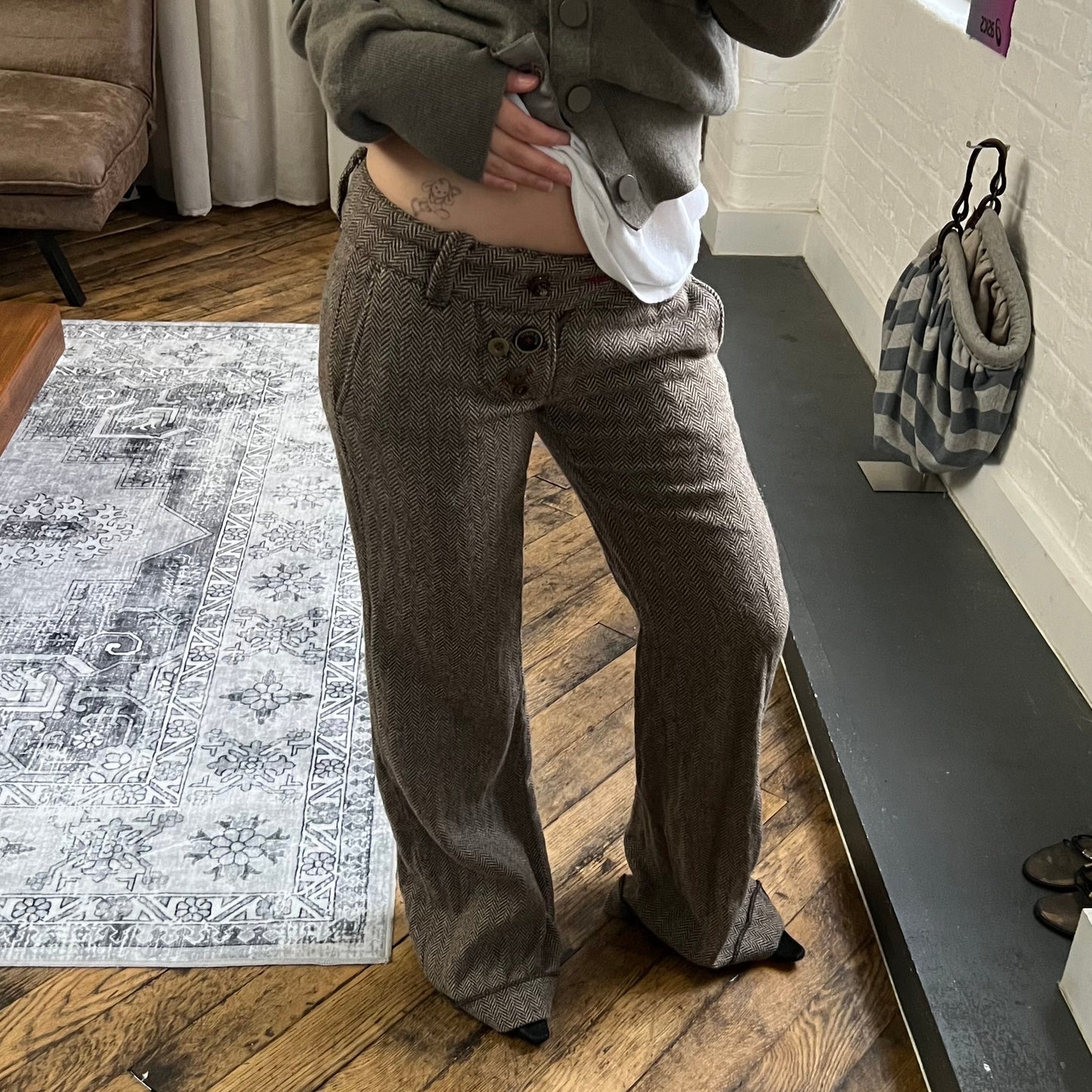 rare miss sixty beige brown mixed button herringbone low rise wide leg trousers