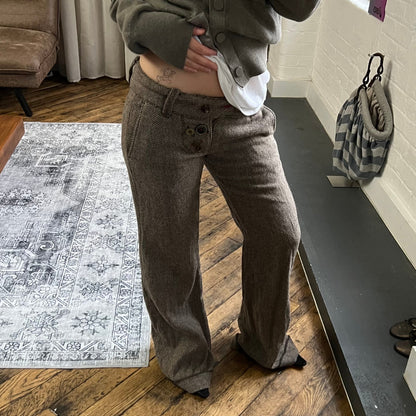 rare miss sixty beige brown mixed button herringbone low rise wide leg trousers