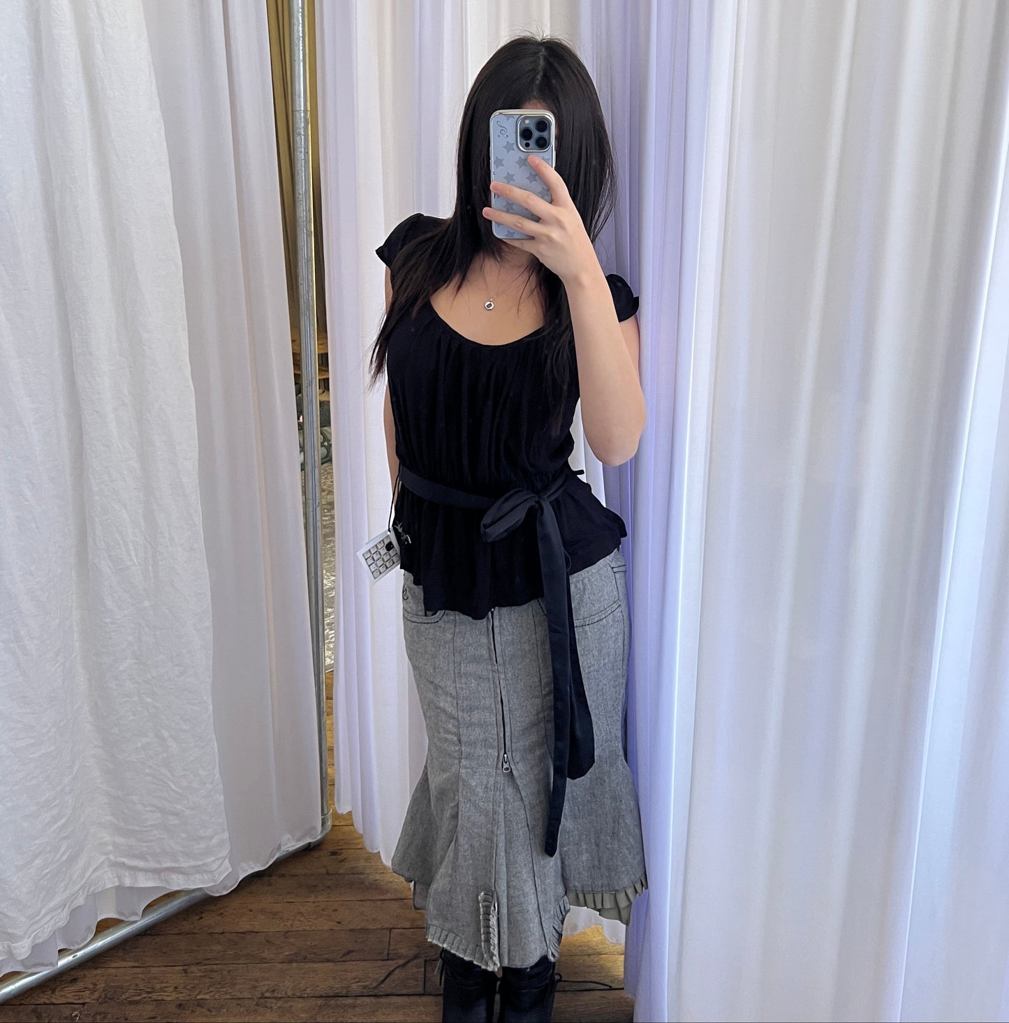 Black Pepe Jeans Ruched Drop Waist Tunic Top