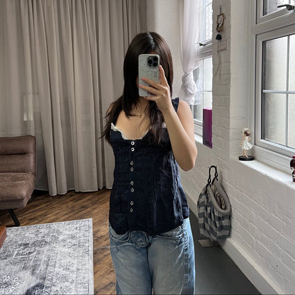 vintage high by claire campbell navy babydoll polka dot milkmaid lacey trim camisole top