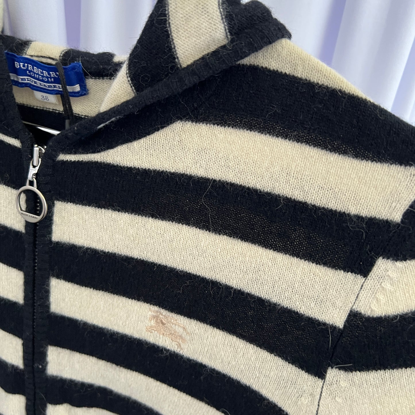 Burberry Label Black White Striped Wool Long Sleeve Fitted Zip Hoodie Cardigan Jacket