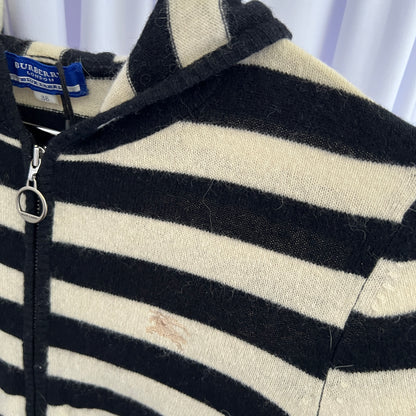 Burberry Label Black White Striped Wool Long Sleeve Fitted Zip Hoodie Cardigan Jacket