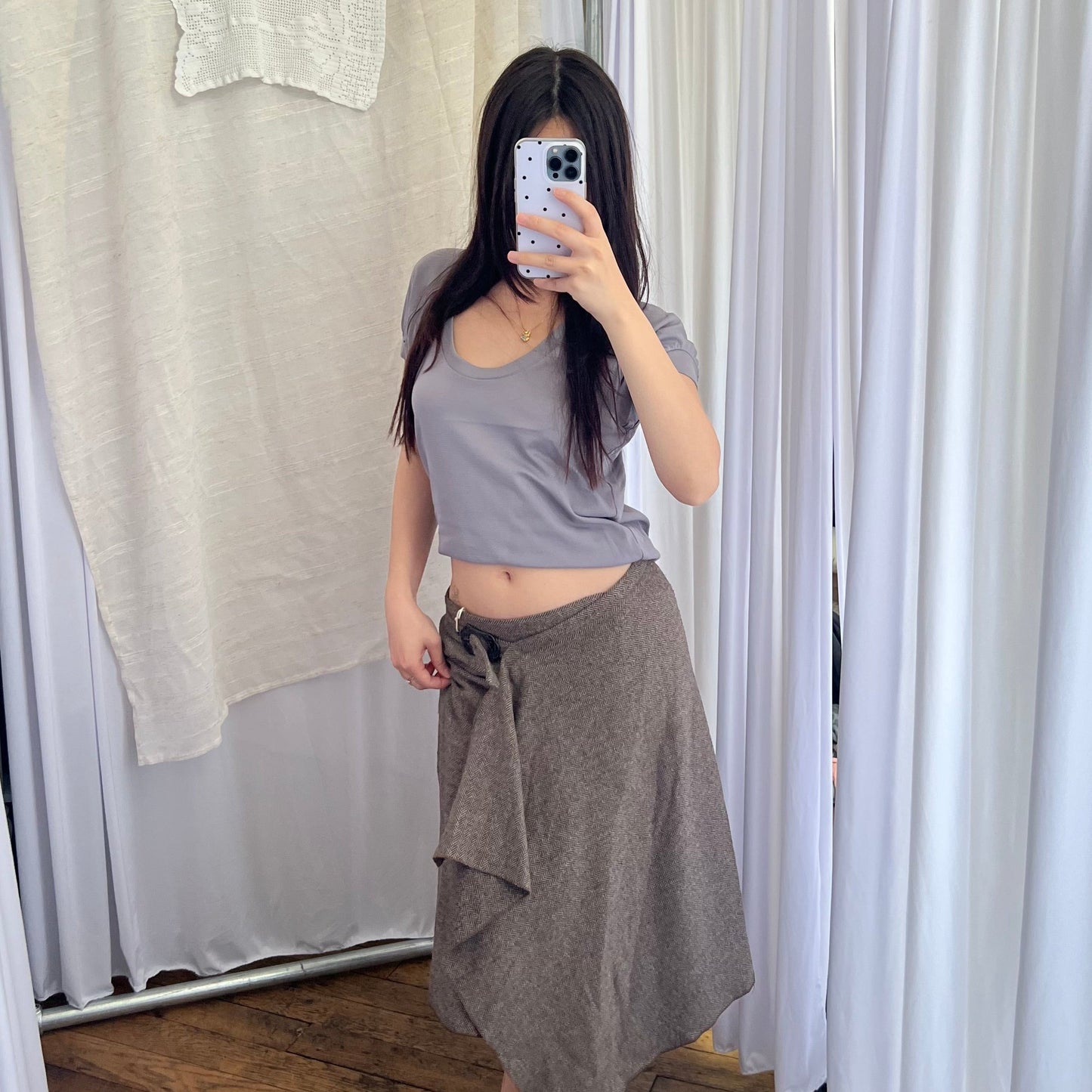 Brown Herringbone Tweed Wool Blend Wrap Style Ornate Buckle Midi Skirt
