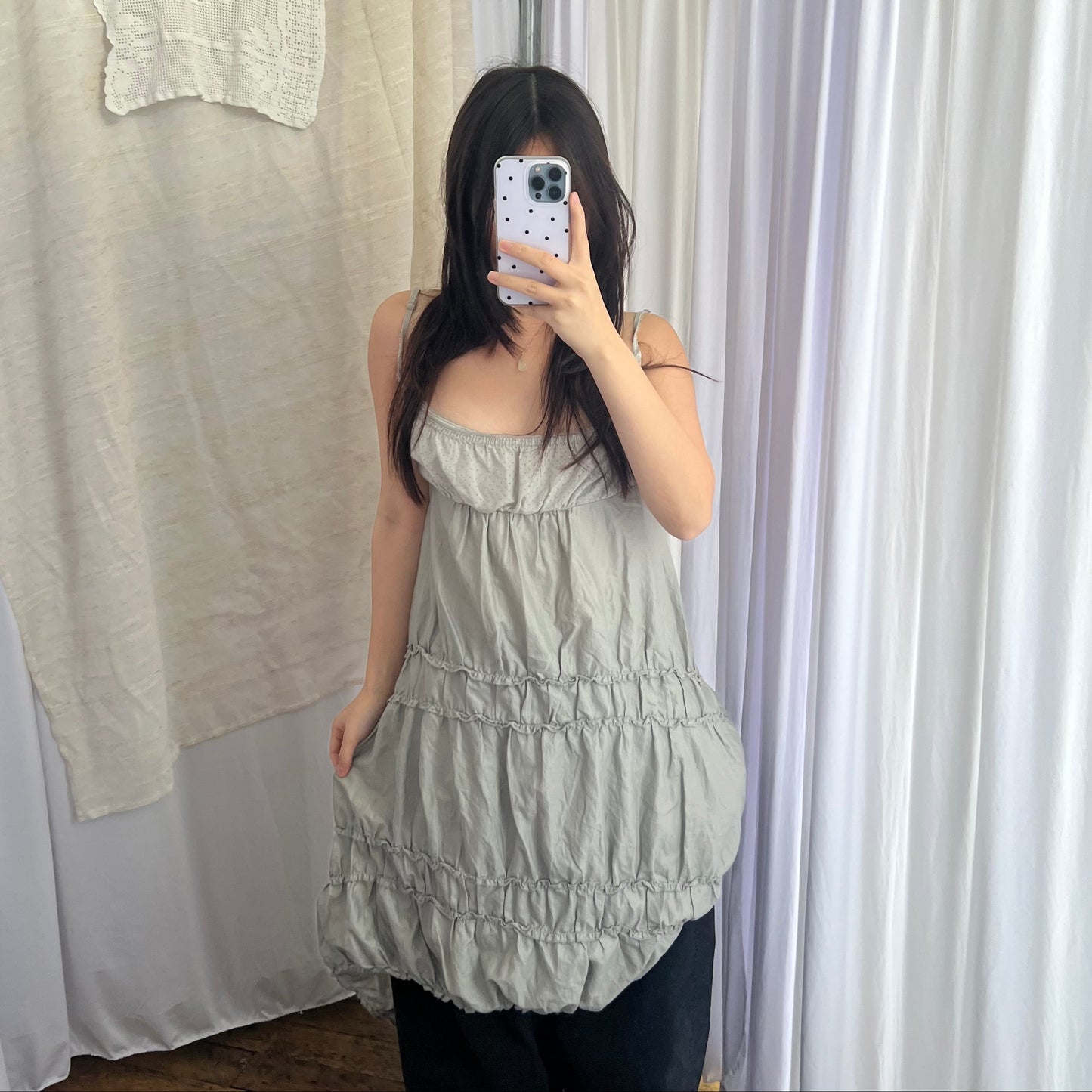 Cop Copine Grey Utility Picot Lace Zip Asymmetric Ruched Drop Waist Midi Dress