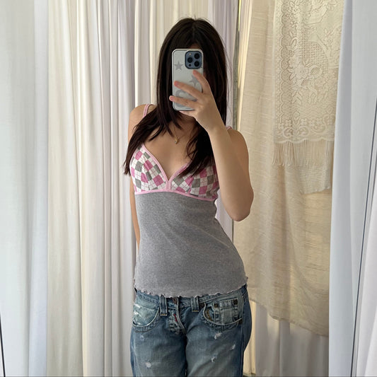 Intimissimi Pink Grey Check Picot Trim Fitted Camisole