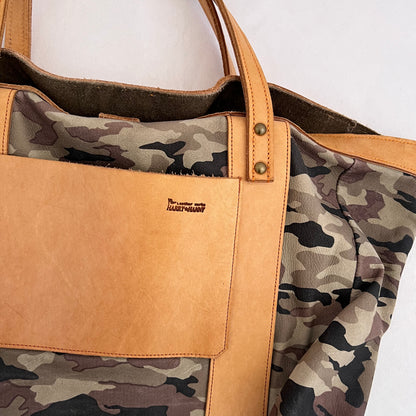 Vintage Harry Hanny Handmade Tan Brown Leather Camo Print Tote Bag