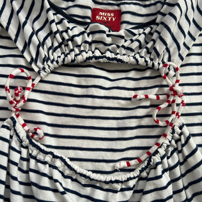 Miss Sixty White Navy Striped Open Chest Red Ribbon Vest Top