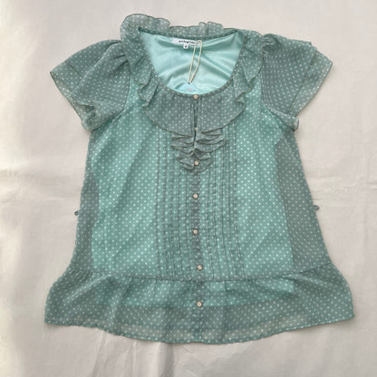 Prideglide Mint Green Ruffle Collar Pleated Polka Dot Blouson Top