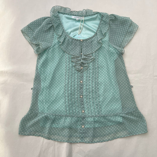 Prideglide Mint Green Ruffle Collar Pleated Polka Dot Blouson Top