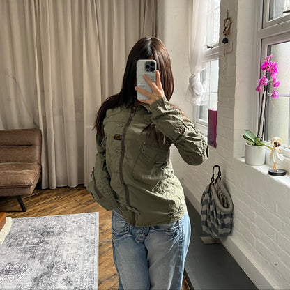 khaki g-star raw long sleeve utility style neck buckle jacket