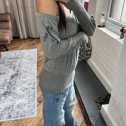 grey denny rose ruched ribbed hem puff sleeves lightweight pullover top